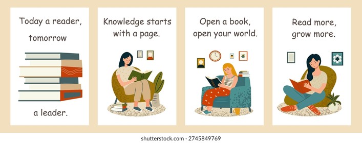 Young people reading, books for learning and personal growth, web banners