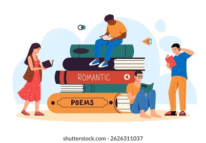 Jovens lendo livros perto de romances gigantes e volumes de poesia. Quatro estudantes estudando para provas. Literatura, educação da juventude. Ilustração de vetor de desenho animado plano.
