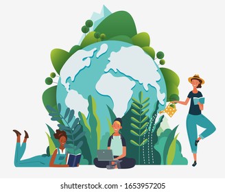 Young People Reading Books In The  Park. World Map And Summer Landscape Background. Vacation, Holidays Time.  Back To School, Study, Learning, Knowledge And Education Vector Concept