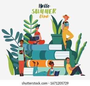 Young people reading books in the  park. Summer landscape background. Holidays time.  Back to school, Study, Learning, Knowledge and Education vector concept