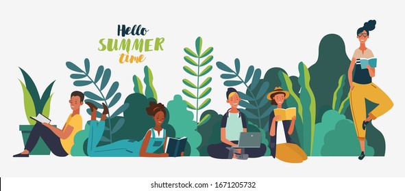 Young people reading books in the  park. Summer landscape background. Holidays time.  Back to school, Study, Learning, Knowledge and Education vector concept