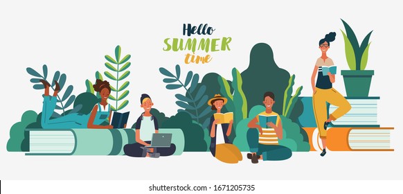 Young people reading books in the  park. Summer landscape background. Holidays time.  Back to school, Study, Learning, Knowledge and Education vector concept