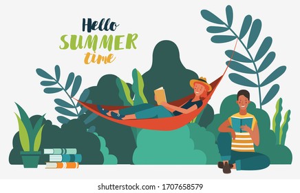 Young people reading books in the  park. Summer landscape background. Holidays time.  Back to school, Study, Learning, Knowledge and Education vector concept