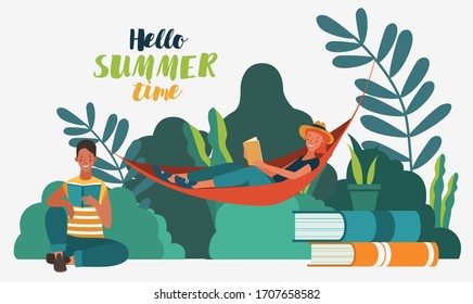 Young people reading books in the  park. Summer landscape background. Holidays time.  Back to school, Study, Learning, Knowledge and Education vector concept