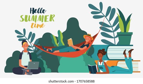 Young people reading books in the  park. Summer landscape background. Holidays time.  Back to school, Study, Learning, Knowledge and Education vector concept