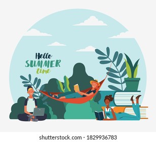 Young people reading books in the  park. Summer landscape background. Holidays time.  Back to school, Study, Learning, Knowledge and Education vector concept