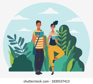 Young people reading books in the  park. Summer landscape background. Holidays time.  Back to school, Study, Learning, Knowledge and Education vector concept