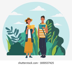 Young people reading books in the  park. Summer landscape background. Holidays time.  Back to school, Study, Learning, Knowledge and Education vector concept