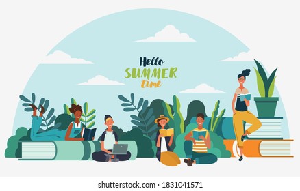 Young people reading books in the  park. Summer landscape background. Holidays time.  Back to school, Study, Learning, Knowledge and Education vector concept