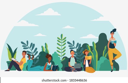 Young people reading books in the  park. Summer landscape background. Holidays time.  Back to school, Study, Learning, Knowledge and Education vector concept