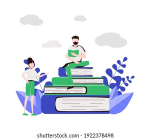 Young people reading books in the park. Summer landscape background. Holidays time. Back to school, Study, Learning, Knowledge and Education vector concept