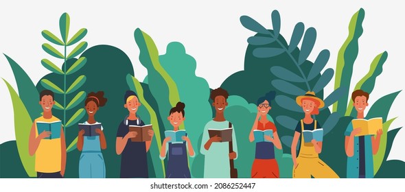 Young People Reading Books In The  Park. Summer Landscape Background. Holidays Time.  Back To School, Study, Learning, Knowledge And Education Vector Concept
