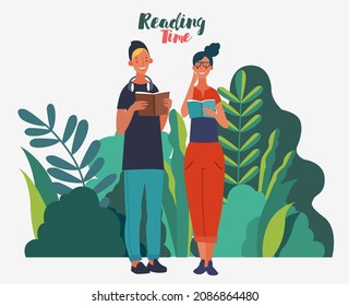 Young people reading books in the  park. Summer landscape background. Holidays time.  Back to school, Study, Learning, Knowledge and Education vector concept