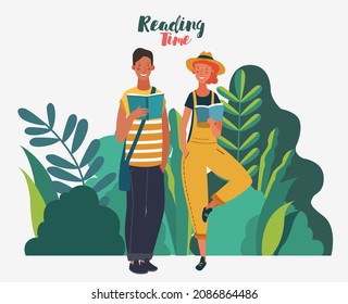 Young people reading books in the  park. Summer landscape background. Holidays time.  Back to school, Study, Learning, Knowledge and Education vector concept