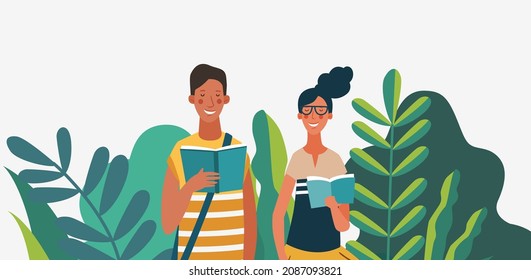 Young people reading books in the  park. Summer landscape background. Holidays time.  Back to school, Study, Learning, Knowledge and Education vector concept
