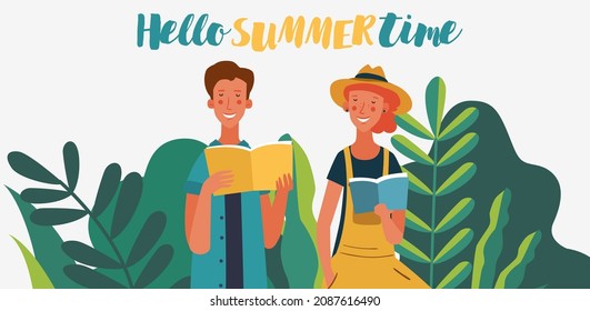 Young people reading books in the  park. Summer landscape background. Holidays time.  Back to school, Study, Learning, Knowledge and Education vector concept