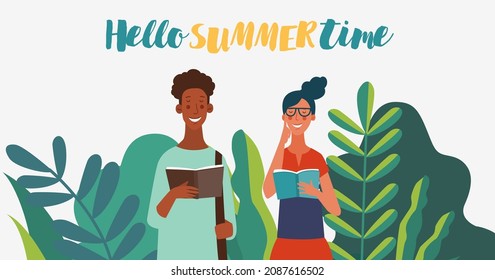 Young people reading books in the  park. Summer landscape background. Holidays time.  Back to school, Study, Learning, Knowledge and Education vector concept