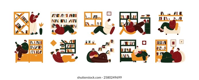 Young people reading books in private library relaxed and free, vector illustration.