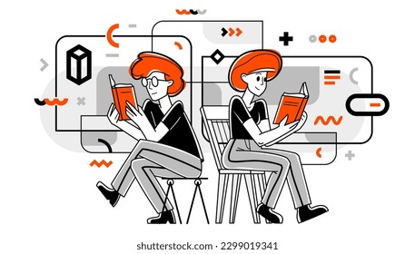 Young people reading books searching for information, learn science, self-education, fiction literature, inquire and analysis, vector outline illustration.