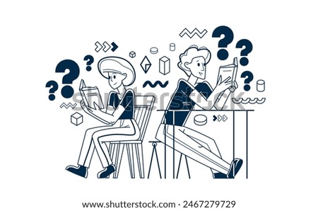 Young people reading books searching for information, learn science, self-education, fiction literature, inquire and analysis, vector outline illustration.