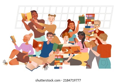 Young people reading books. Students studying and preparing for exam vector illustration