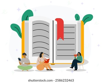 Young people reading books together. Men and women fond of reading novels, poems and scientific literature. Students preparing for exams with big book on their background. 