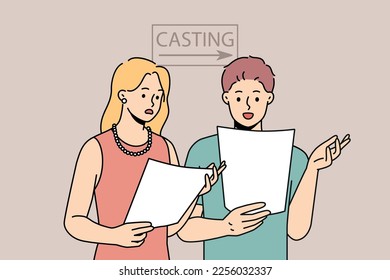 Young people reading lines in script prepare for casting in studio. Man and woman actors rehearsal with scenario for film or movie. Acting job. Vector illustration. 