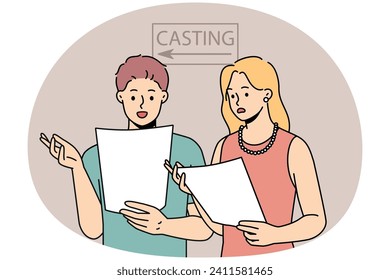 Young people reading lines in script prepare for casting in studio. Man and woman actors rehearsal with scenario for film or movie. Acting job. Vector illustration.