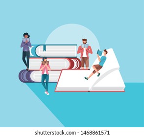 young people reading with stack books