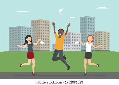Young people rejoice at epidemic ending and toss masks. Vector illustration.