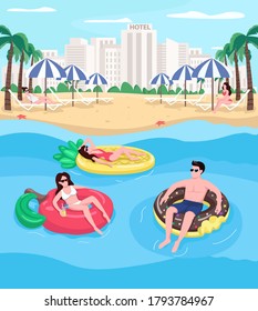 Young people relaxing at beach flat color vector illustration. People floating on air mattresses. Donut shaped float. Summertime holidays 2D cartoon characters with cityscape on background