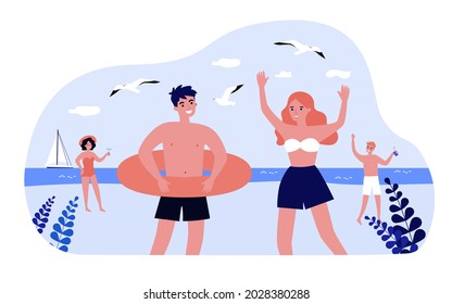 Young people relaxing on beach flat vector illustration. Men and women in swimsuits, lifebuoy, cocktails, seagulls, sailboat in background. Leisure, holidays, resort, seaside concept for banner design
