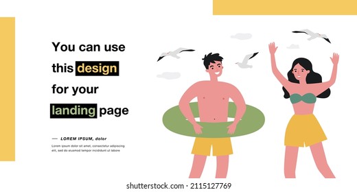 Young people relaxing on beach flat vector illustration. Men and women in swimsuits, lifebuoy, cocktails, seagulls, sailboat in background. Leisure, holidays, resort, seaside concept for banner design
