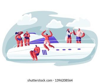 Young People Relaxing on Luxury Yacht at Ocean. Summertime Vacation, Happy Male and Female Characters Resting on Ship Jumping to Sea, Drinking Champagne, Sun Bathing. Cartoon Flat Vector Illustration