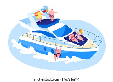 Young People Relaxing on Luxury Yacht at Ocean. Summertime Vacation, Happy Male and Female Characters Resting on Ship Jumping to Sea, Drinking Champagne, Take Sun Bathing. Cartoon Vector Illustration