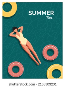 Young people relaxing In swimming pool in the summertime. Vector illustration.