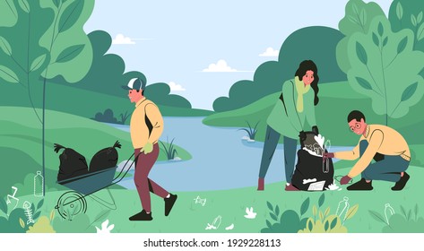 Young people remove garbage, plastic in nature near the river. Volunteers and ecologists clean the environment from waste. Flat vector illustration