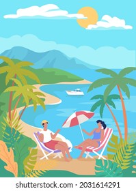 Young people rest on the tropical island. Summer vacation cartoon vector illustration