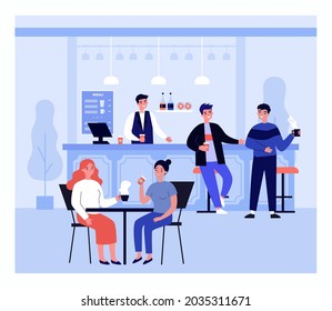 Young people resting in coffee shop, view from hall. Flat vector illustration. Barista serving girls, guys, standing at bar, sitting at tables and drinking hot drinks. Lunch, cafe, tea, break concept