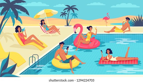 Young people resting on the beach with swimming pool