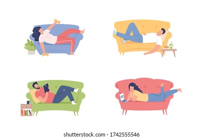 Young people resting on their couches at home vector illustration