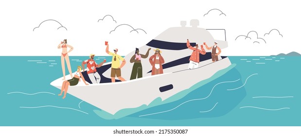 Young people resting on yacht. Group of tourist enjoy yacht cruise in sea during summer vacation. Travelers chilling together. Sea activities and relaxation. Cartoon flat vector illustration