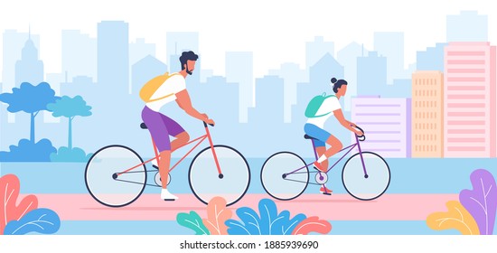 A young people ride bicycles in the modern city park