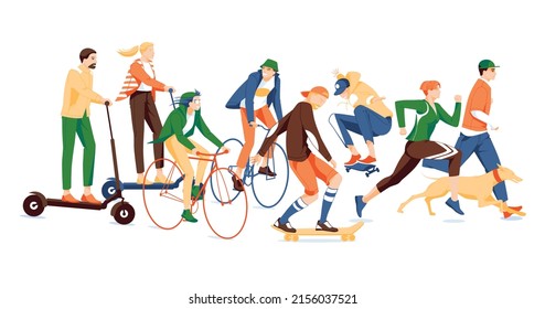Young people ride bicycles, skateboards, scooters. Flat vector collection with kids on electric transport. Illustration in cartoon style isolated on white background.
