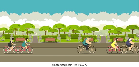 young people ride bikes around the city park with beautiful benches