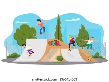 young people ride in the park on the rollerdrome. teenagers having fun in a city park skating on skateboards. vector illustration.