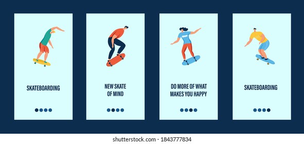 Young people ride a skateboard mobile app template. Concept of a hobby, skateboarding Park, or sport. Flat vector illustration.