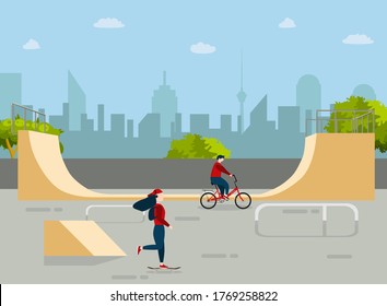 Young people ride skateboards and bicycle in the skate park, teenagers having fun vector illustration.
