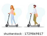 Young people rides on electric scooters. Ecology transport concept. Eco Friendly personal transport. Vector illustration.