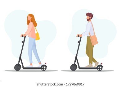 Young people rides on electric scooters. Ecology transport concept. Eco Friendly personal transport. Vector illustration.